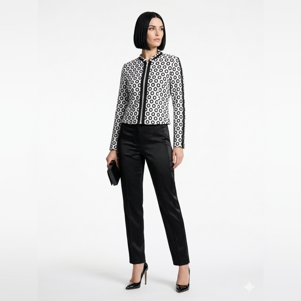 Joseph Ribkoff Geometric Circle Print Zip Veston Jacket – Size 14 black and whit